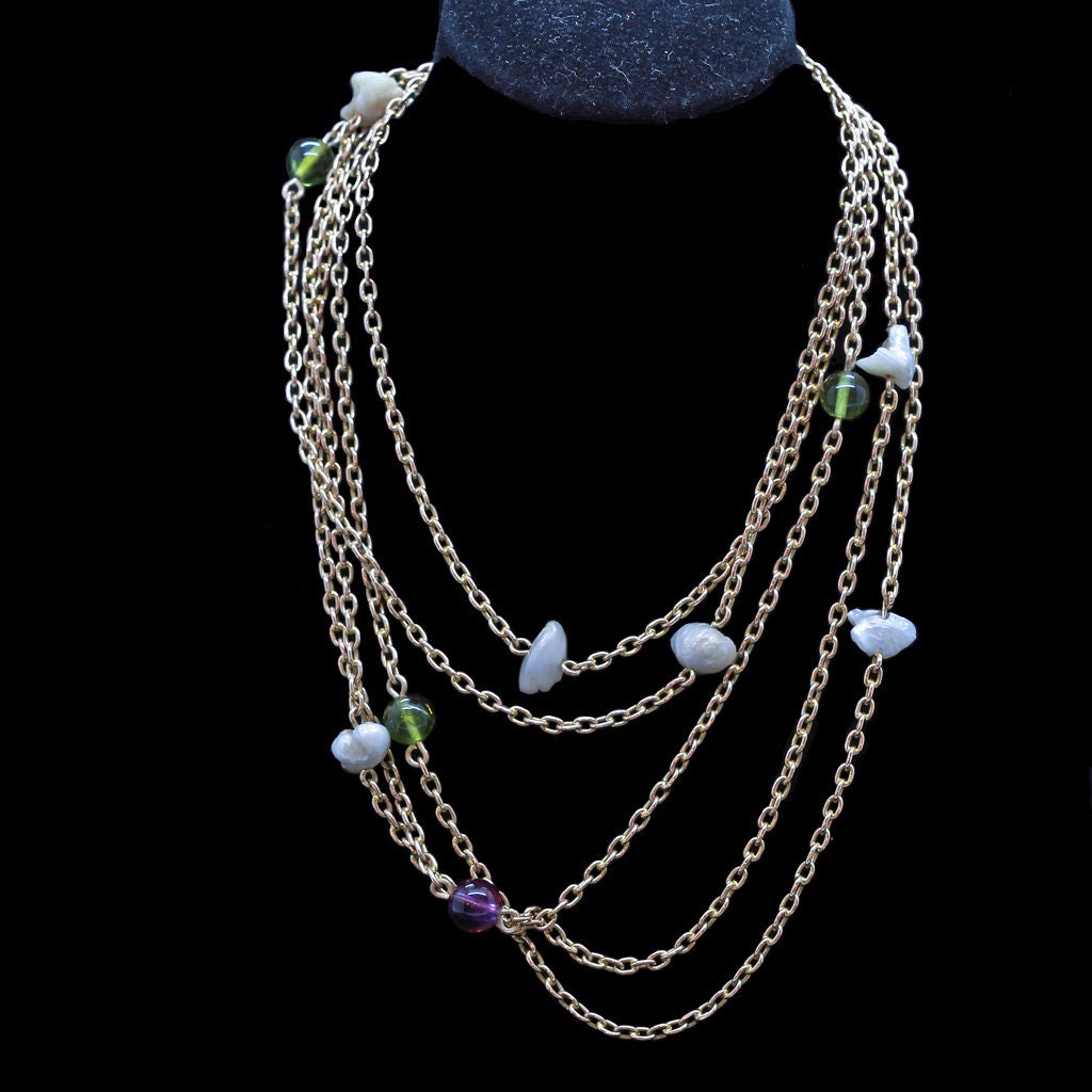 Antique Gold Chain Necklace Suffragette Natural Pearls Amethysts Peridot (6767)