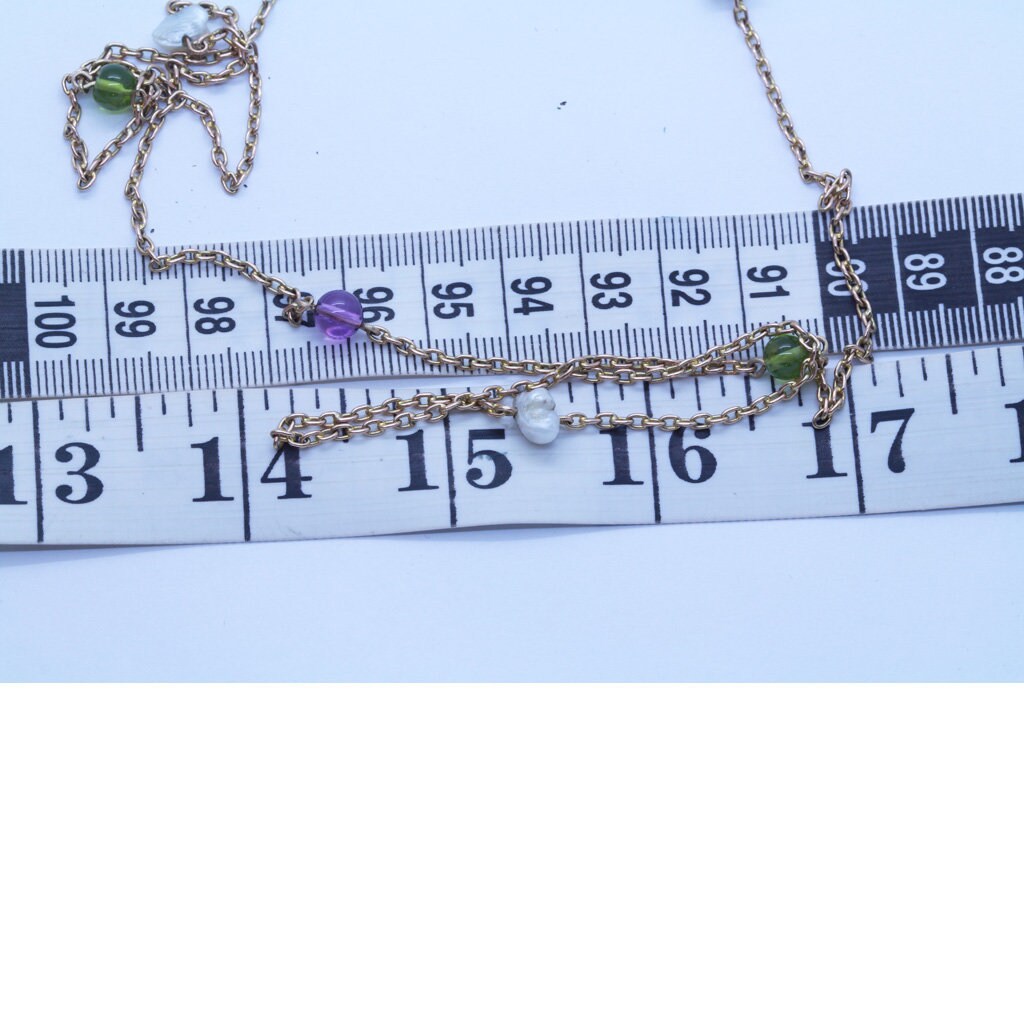 Antique Gold Chain Necklace Suffragette Natural Pearls Amethysts Peridot (6767)