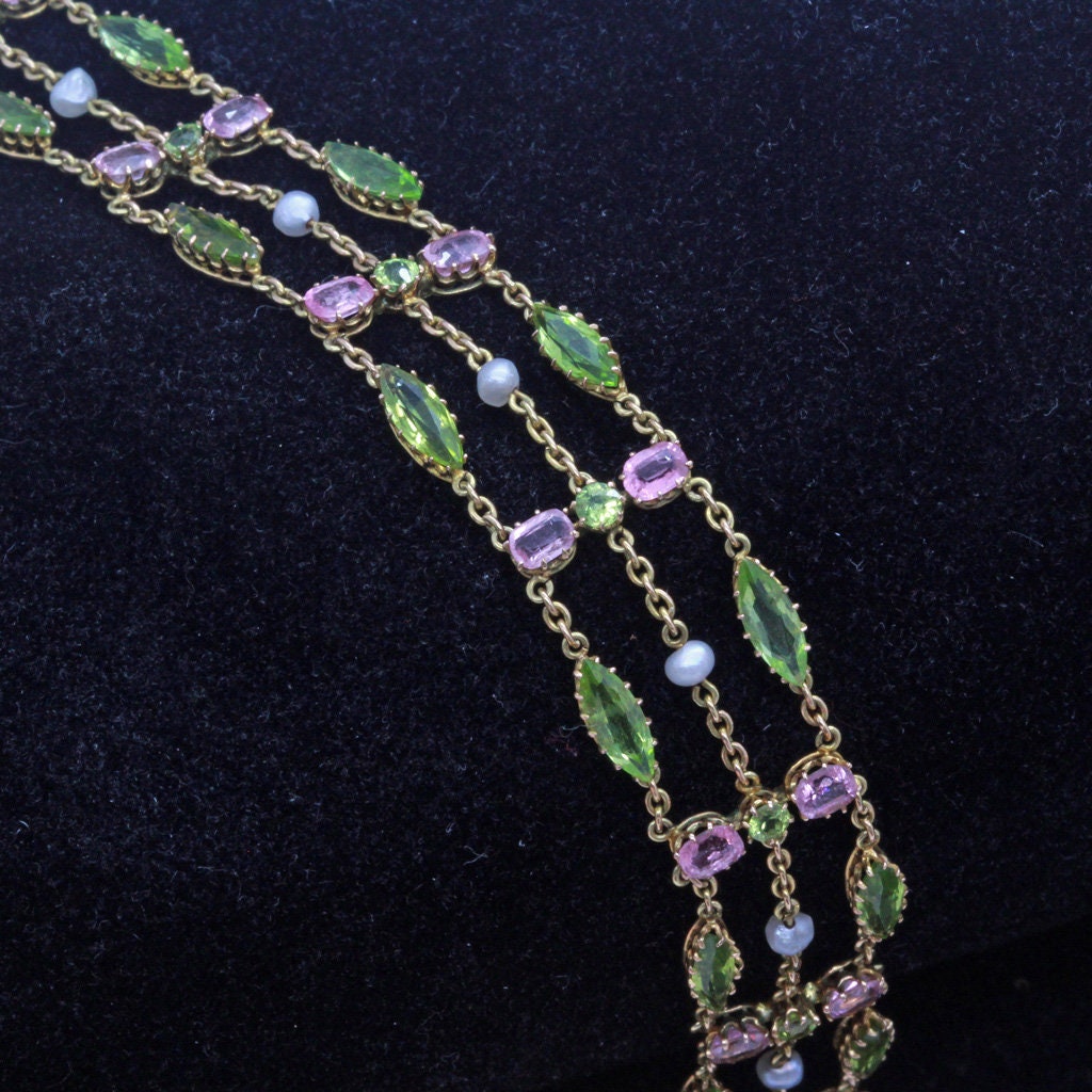 Antique Suffragette Bracelet Gold Peridot Tourmaline Pearls Women's Rights(7150)