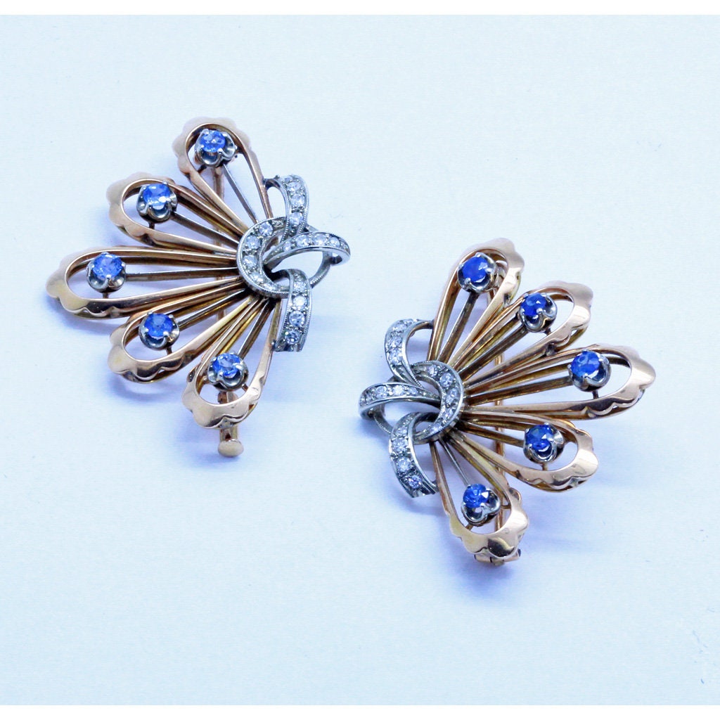 Vintage Retro Pair Brooches 18k Gold Diamonds Sapphires c1940 (7157)
