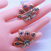 Vintage Retro Pair Brooches 18k Gold Diamonds Sapphires c1940 (7157)