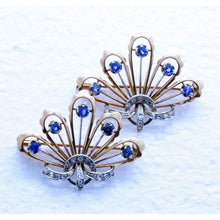 Vintage Retro Pair Brooches 18k Gold Diamonds Sapphires c1940 (7157)