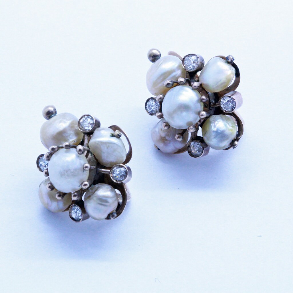 Antique Victorian Earrings Gold Pearls Old Mine Cut Diamonds (7159)