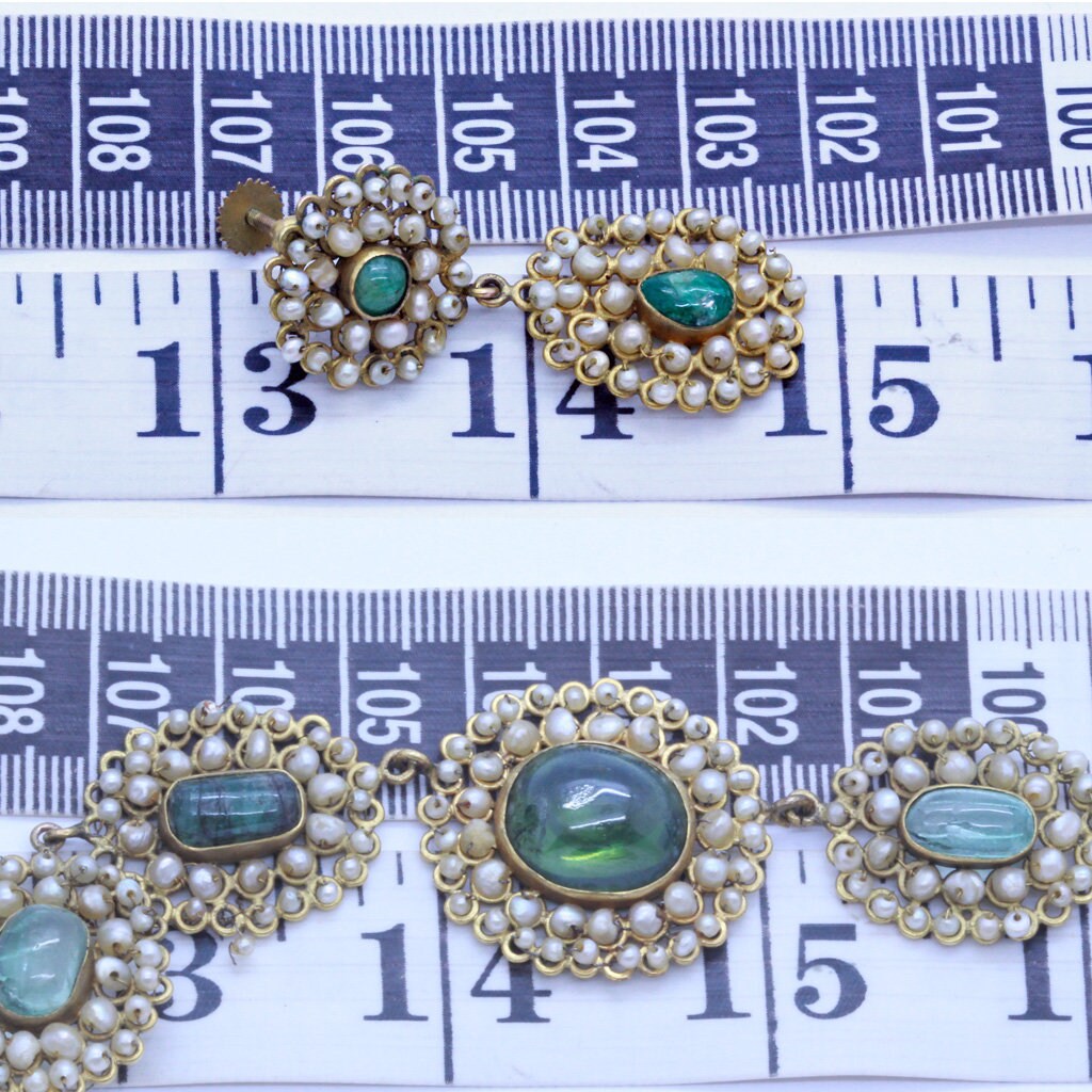 Antique Victorian Set Necklace Earrings 14k Gold Pearls Green Tourmalines (7158)