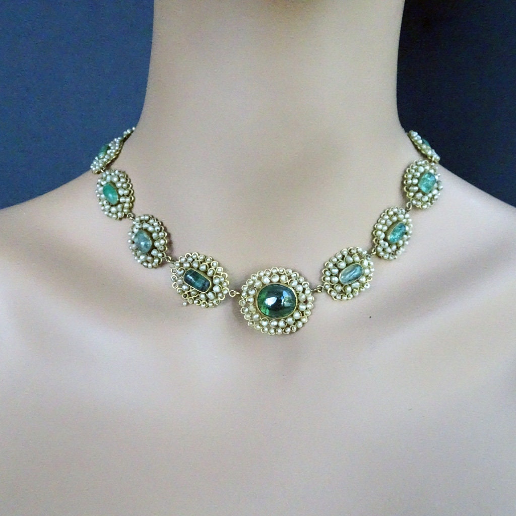 Antique Victorian Set Necklace Earrings 14k Gold Pearls Green Tourmalines (7158)