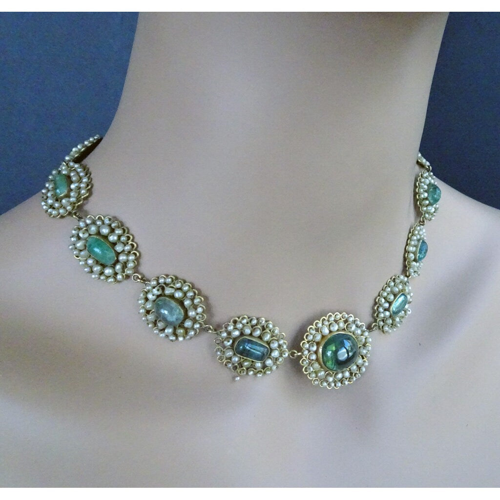 Antique Victorian Set Necklace Earrings 14k Gold Pearls Green Tourmalines (7158)