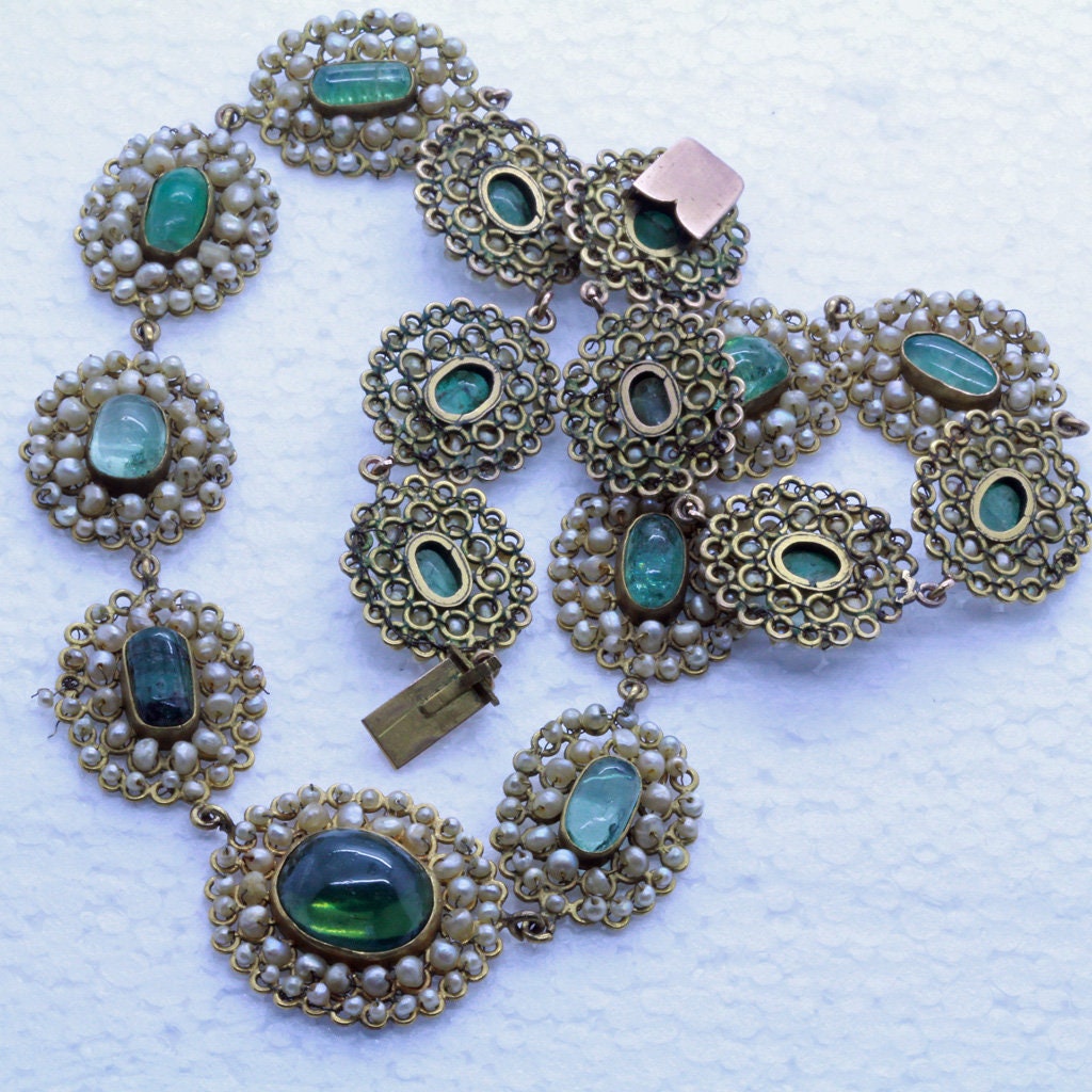 Antique Victorian Set Necklace Earrings 14k Gold Pearls Green Tourmalines (7158)