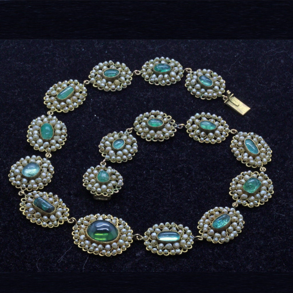 Antique Victorian Set Necklace Earrings 14k Gold Pearls Green Tourmalines (7158)