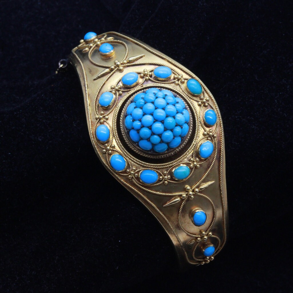 Antique Victorian Bangle Bracelet 15ct Gold Turquoise Etruscan Revival (7156)