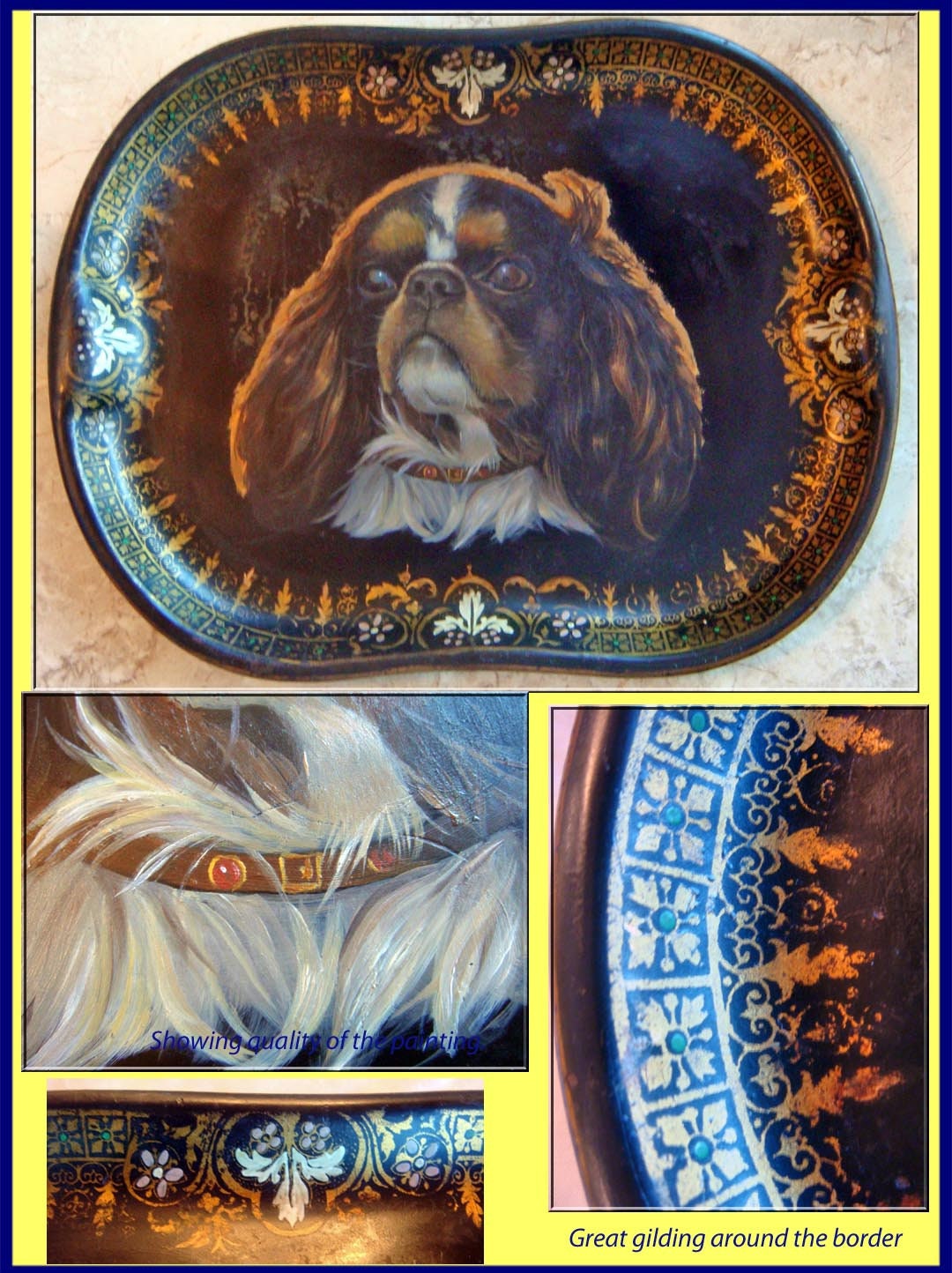 Antique Victorian Tole Tray Handpainted Cavalier King Charles Spaniel Dog (6904)