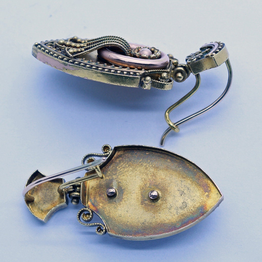 Victorian Etruscan Revival Dangle Earrings Gold Granulation Filigree (6428)