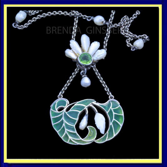 Art Nouveau Plique a Jour Enamel Silver Pearls Peridot Pendant Necklace (7136)
