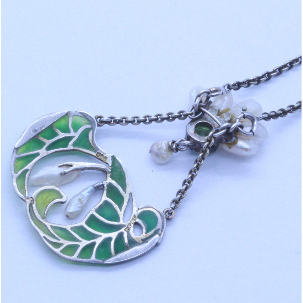 Art Nouveau Plique a Jour Enamel Silver Pearls Peridot Pendant Necklace (7136)