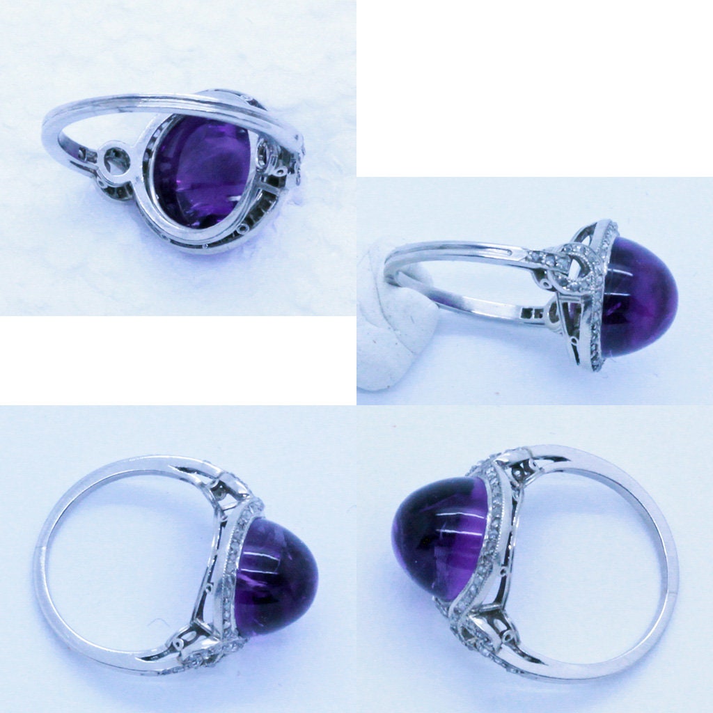 Antique Vintage Art Deco Ring Cabochon Amethyst Diamonds Platinum unisex (7140)