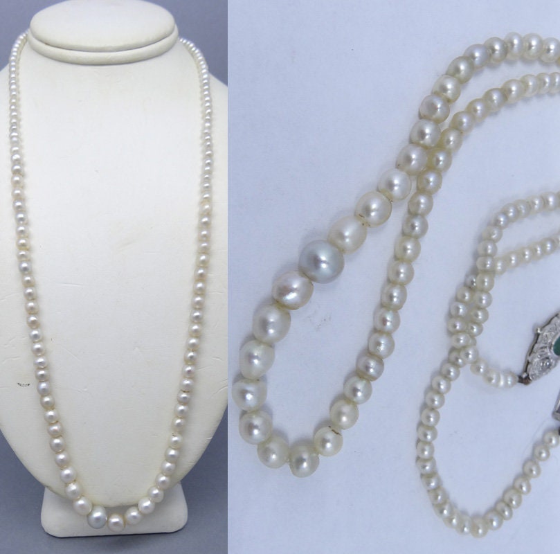 Vintage Natural Saltwater Pearl Necklace Diamond Emerald Gem Certificate (5881)