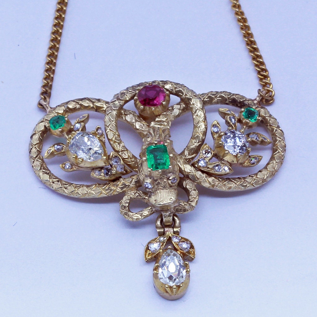 Antique Dangle Snake Earrings Necklace Set Gold Diamonds Emeralds Rubies (6621)