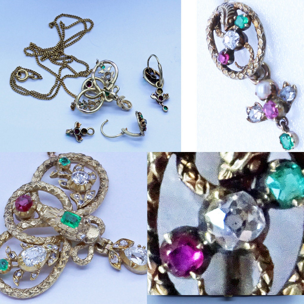Antique Dangle Snake Earrings Necklace Set Gold Diamonds Emeralds Rubies (6621)