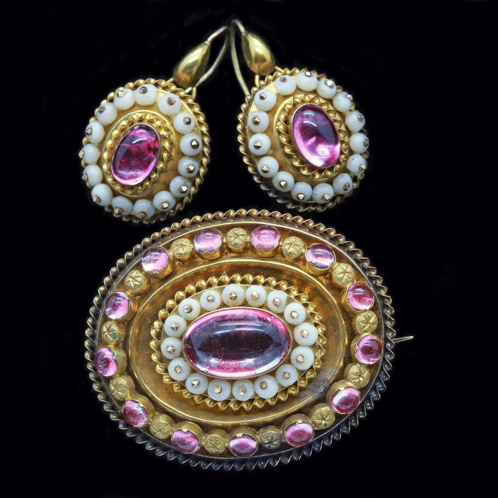 Antique Victorian Earrings Brooch Set Gold Gems Crl Boxed w Appraisal(5132)