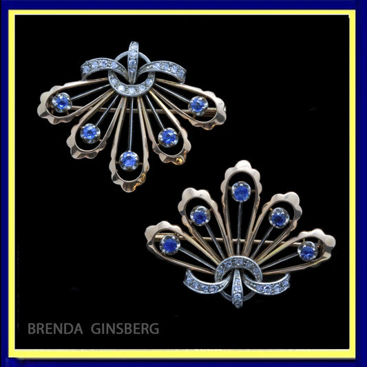 Vintage Retro Pair Brooches 18k Gold Diamonds Sapphires c1940 (7157)
