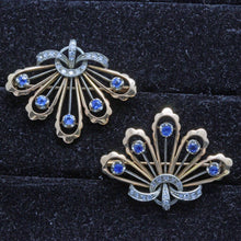 Vintage Retro Pair Brooches 18k Gold Diamonds Sapphires c1940 (7157)