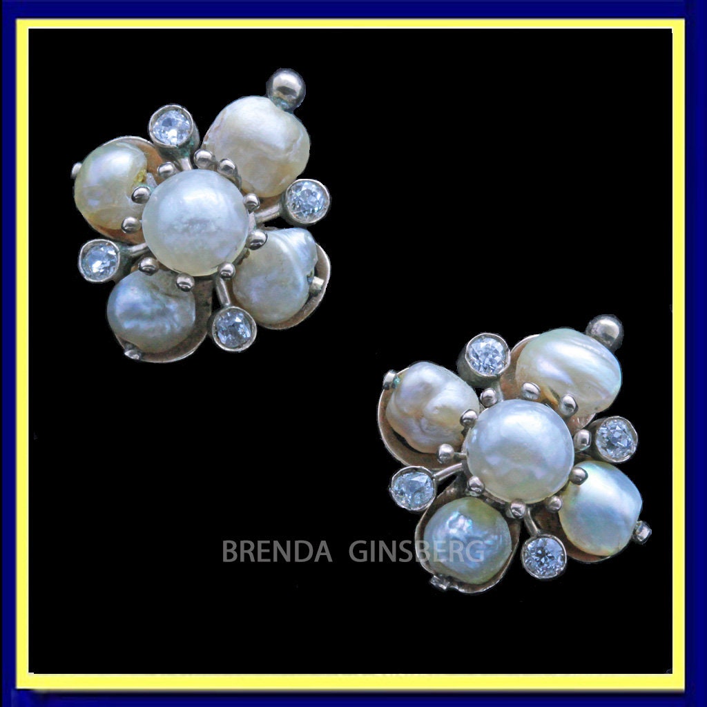 Antique Victorian Earrings Gold Pearls Old Mine Cut Diamonds (7159)