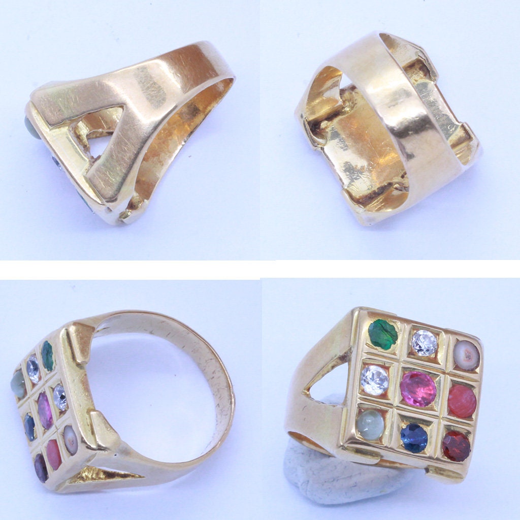 Vintage Navaratna Mans Ring 20k Gold 9 Gems c1940 India Diamond Ruby Amulet(6811)