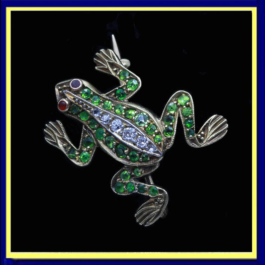 Victorian Brooch Frog 18k Gold Demantoid Garnets Diamonds French Unisex (6431)