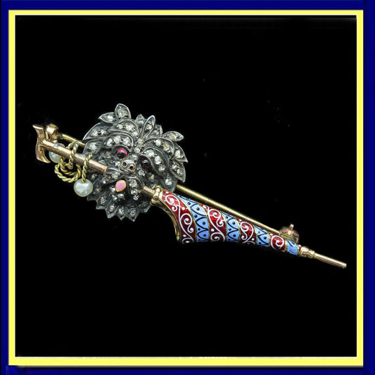 Antique Victorian Brooch Dog Umbrella Gold Silver Diamonds Enamel Pearls (6343)