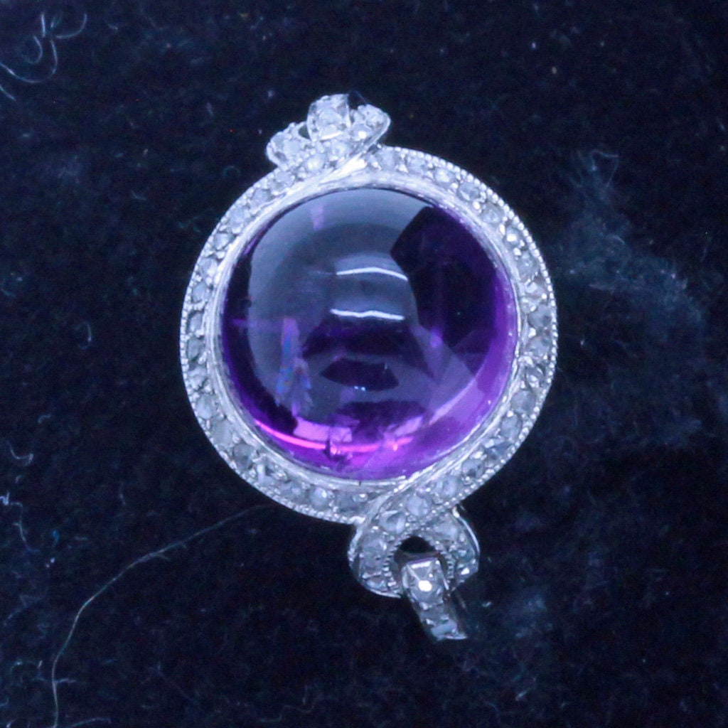 Antique Vintage Art Deco Ring Cabochon Amethyst Diamonds Platinum unisex (7140)