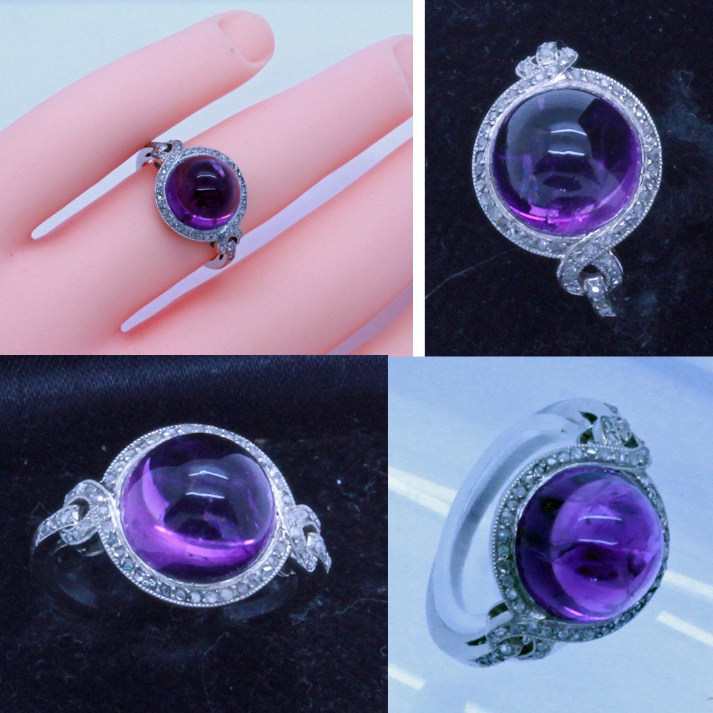 Antique Vintage Art Deco Ring Cabochon Amethyst Diamonds Platinum unisex (7140)