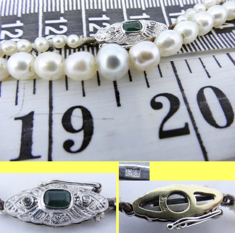 Vintage Natural Saltwater Pearl Necklace Diamond Emerald Gem Certificate (5881)