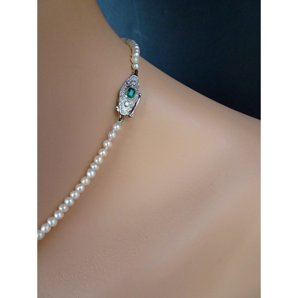 Vintage Natural Saltwater Pearl Necklace Diamond Emerald Gem Certificate (5881)