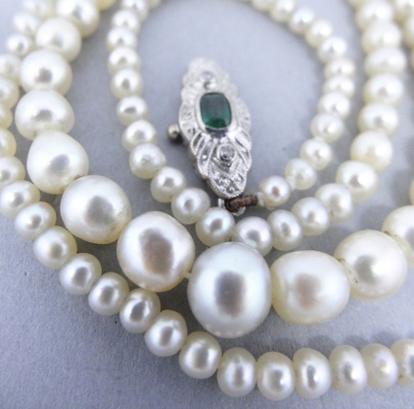 Vintage Natural Saltwater Pearl Necklace Diamond Emerald Gem Certificate (5881)