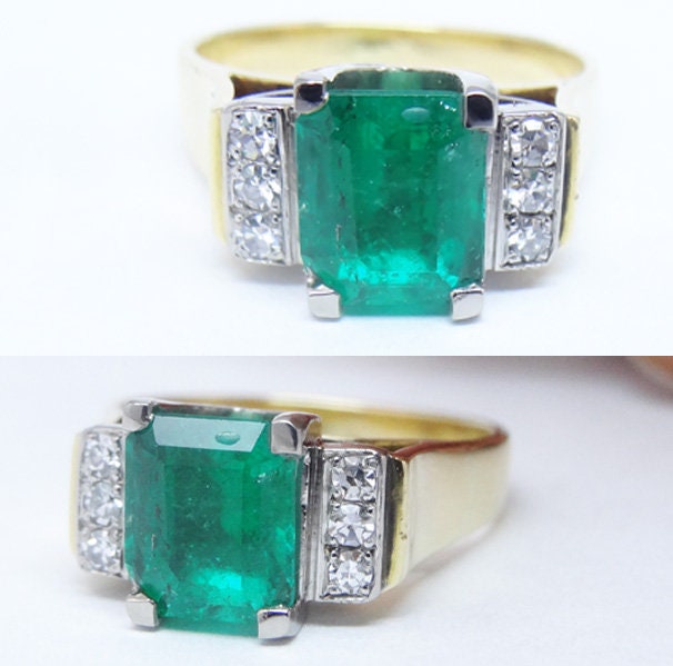 Vintage Art Deco Ring Emerald Diamonds 18k Gold Platinum Unisex Appraisal (5803)