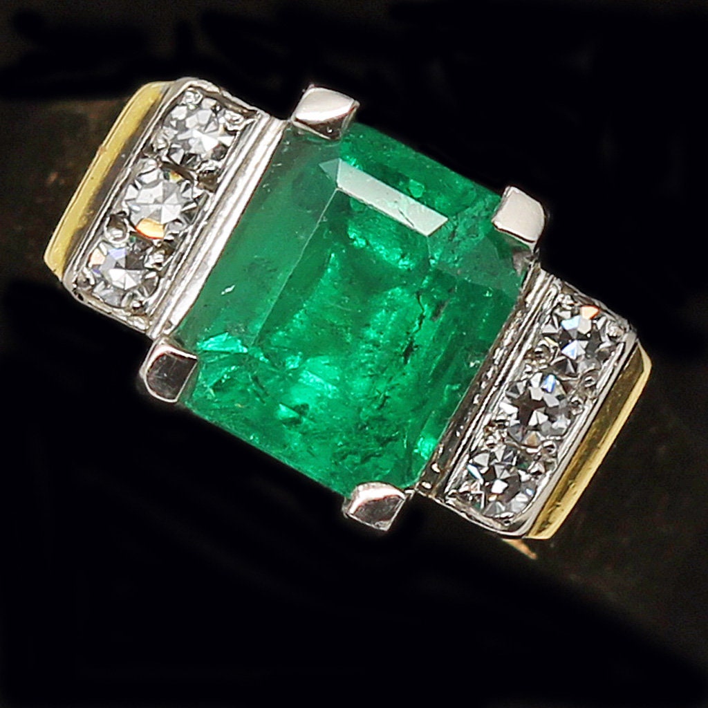 Vintage Art Deco Ring Emerald Diamonds 18k Gold Platinum Unisex Appraisal (5803)