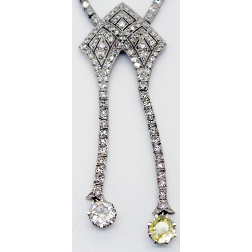 Art Deco Necklace Platinum White and Fancy Yellow Diamonds w Appraisal (5981)