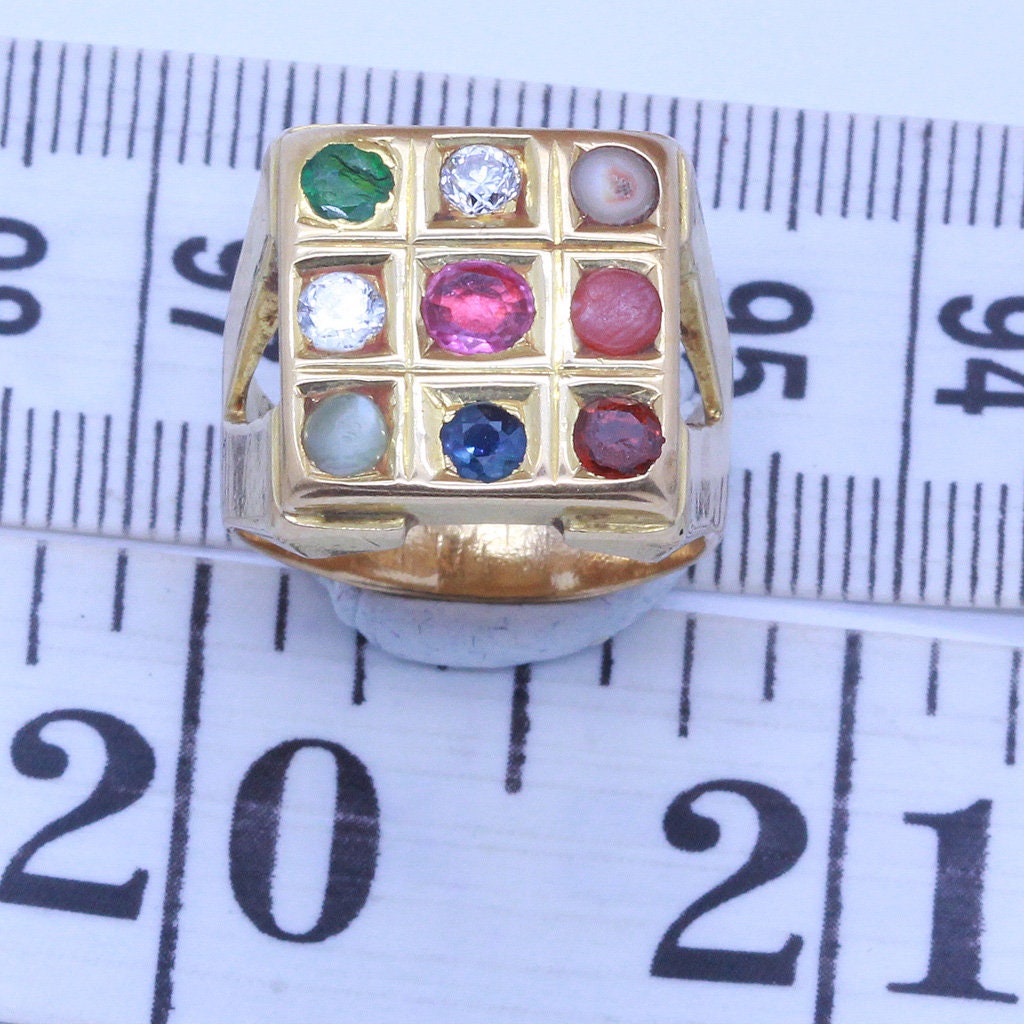 Vintage Navaratna Mans Ring 20k Gold 9 Gems c1940 India Diamond Ruby Amulet(6811)