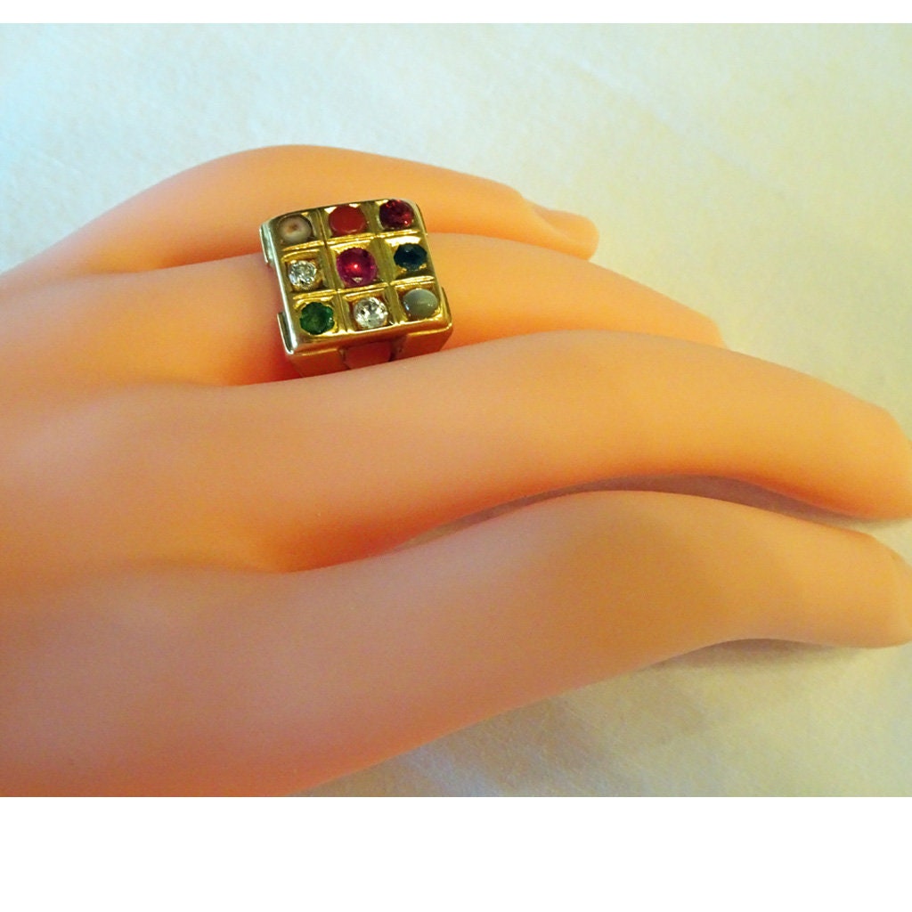 Vintage Navaratna Mans Ring 20k Gold 9 Gems c1940 India Diamond Ruby Amulet(6811)