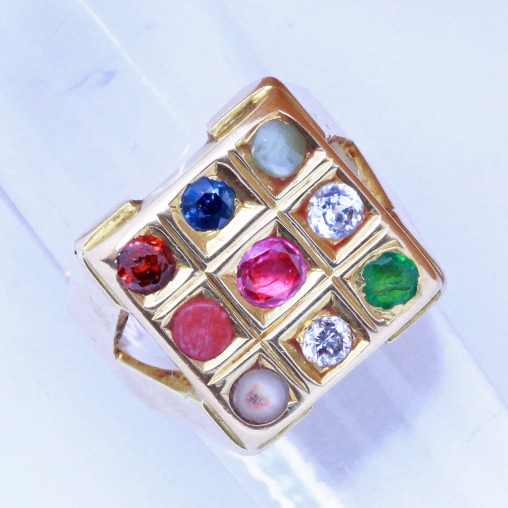Vintage Navaratna Mans Ring 20k Gold 9 Gems c1940 India Diamond Ruby Amulet(6811)