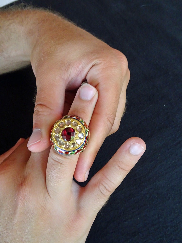 Mughal Ring 22k Gold Diamonds Garnet Enamel Man's Jewelry w Appraisal (4733)