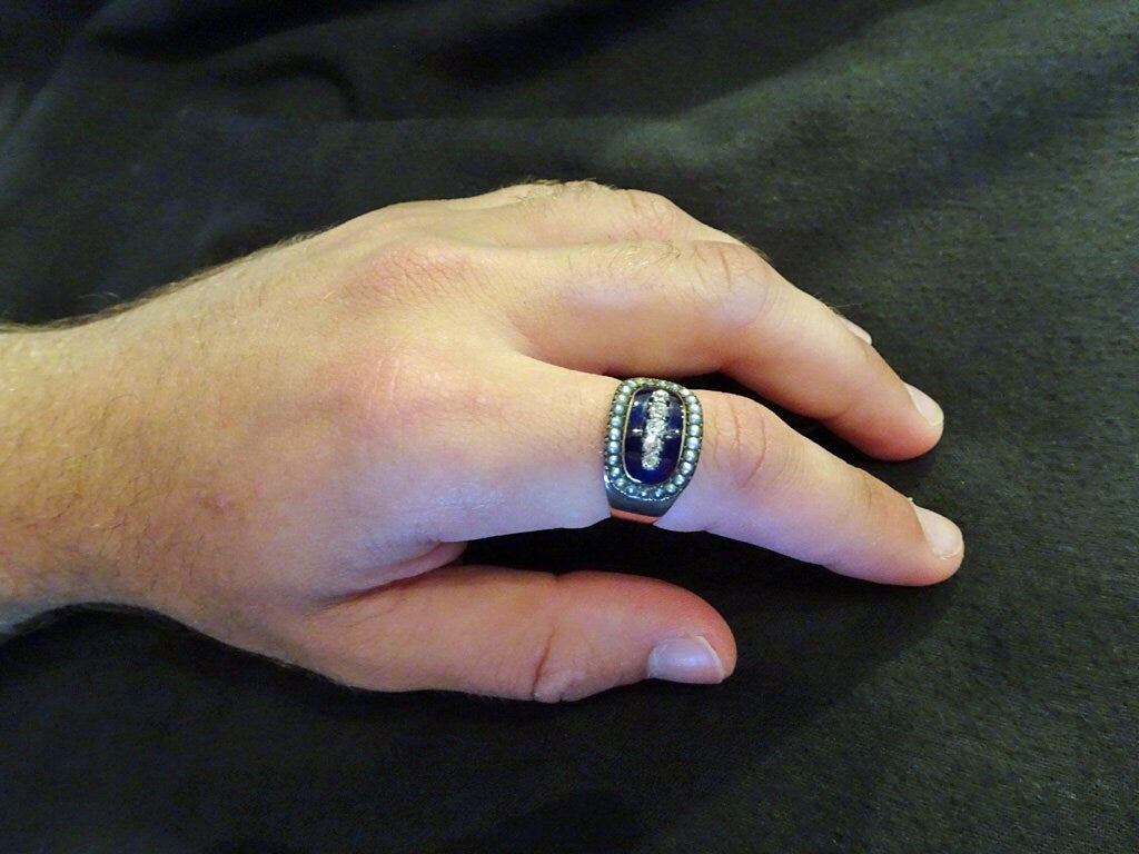 Antique Georgian Memorial Ring Gold Diamonds Enamel Unisex Man Woman (6907)