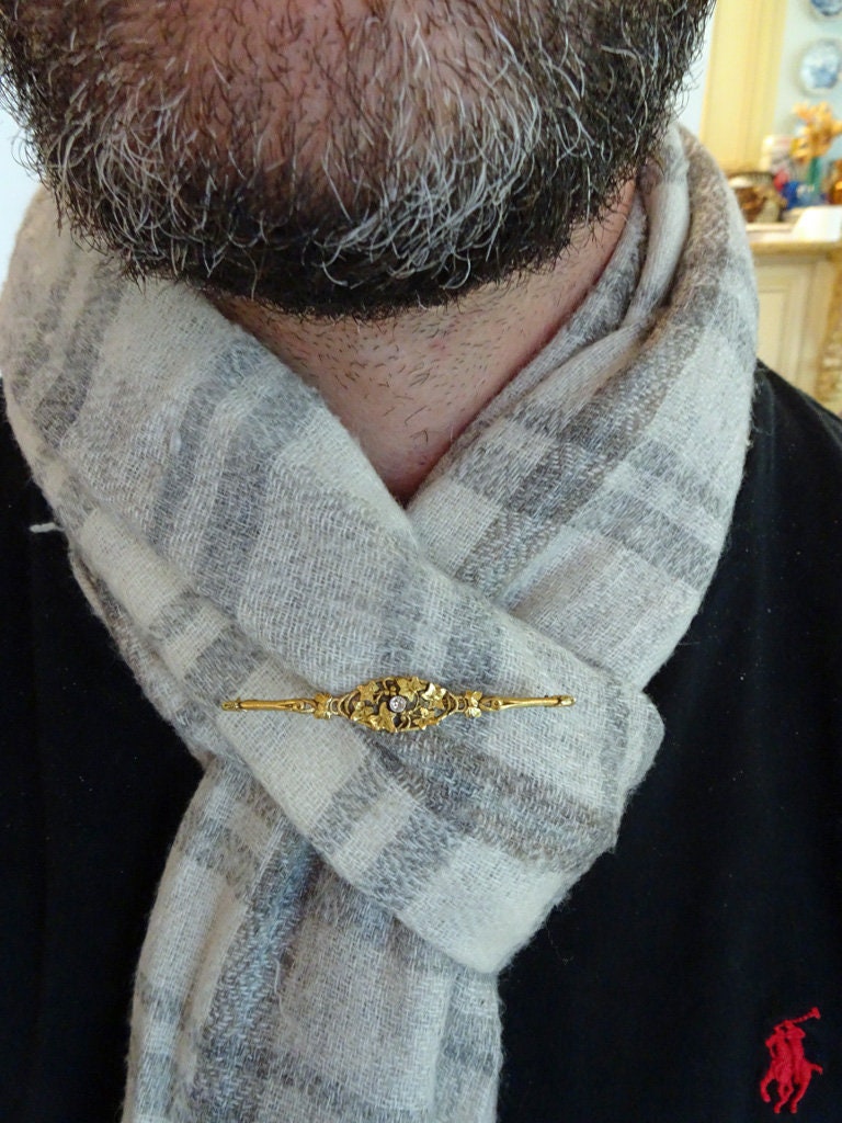 Antique Nouveau Brooch 18k Gold Diamond French Foliage Leaves 19C Unisex (6565)