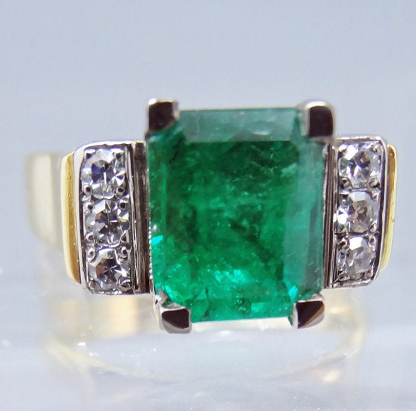 Vintage Art Deco Ring Emerald Diamonds 18k Gold Platinum Unisex Appraisal (5803)