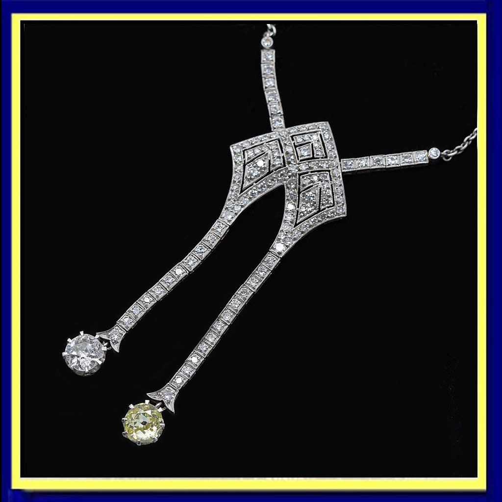 Art Deco Necklace Platinum White and Fancy Yellow Diamonds w Appraisal (5981)