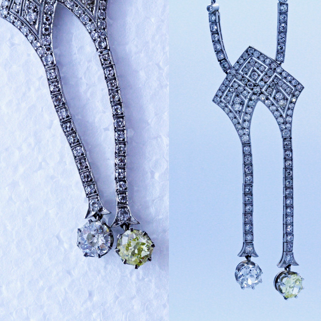 Art Deco Necklace Platinum White and Fancy Yellow Diamonds w Appraisal (5981)
