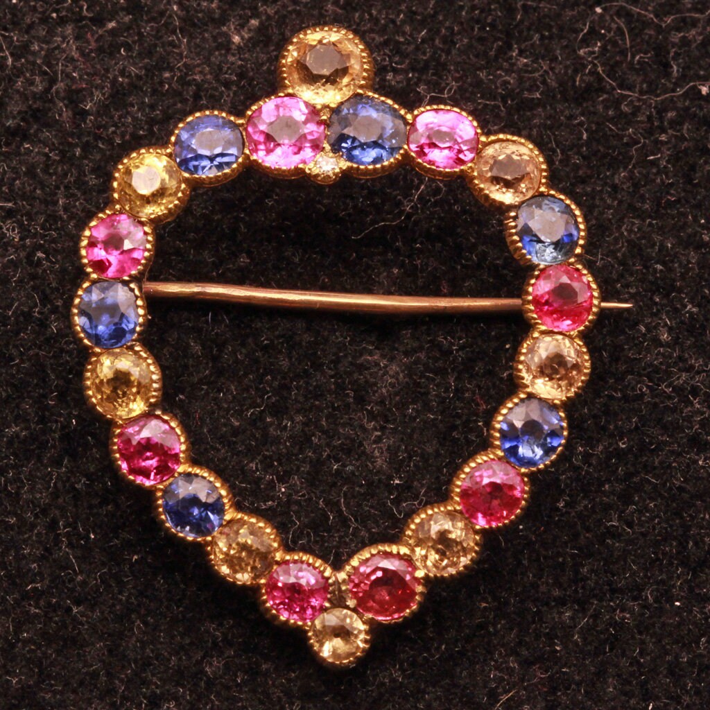 Antique Victorian Brooch Gold Blue Pink Yellow Sapphires Heart w Appraisal (6204