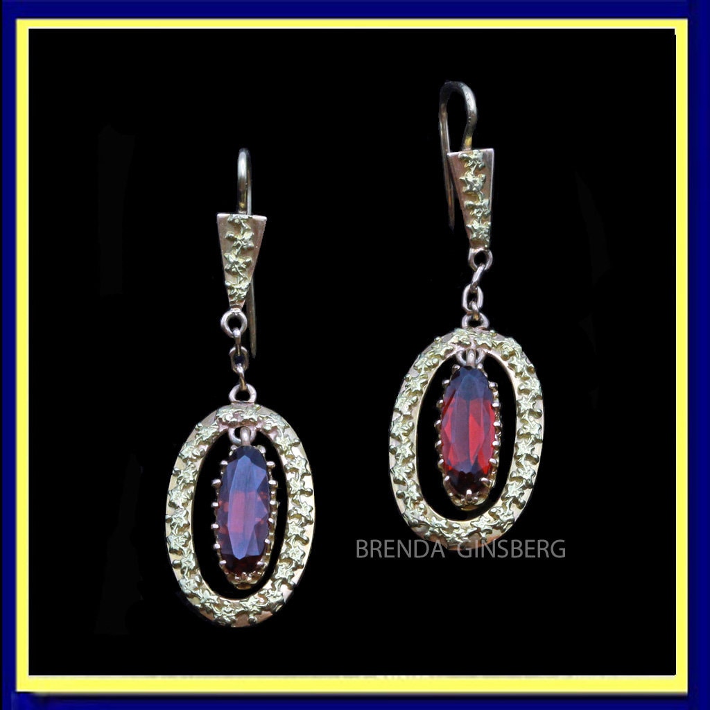 Antique French Victorian Earrings Dangles 18k Gold and Garnets Napoleon 3 (7186)