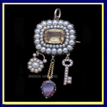 Antique Georgian Pendant Brooch Lock Key Heart Gold Topaz Pearls Garnet (7163)