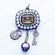 Antique Georgian Pendant Brooch Lock Key Heart Gold Topaz Pearls Garnet (7163)