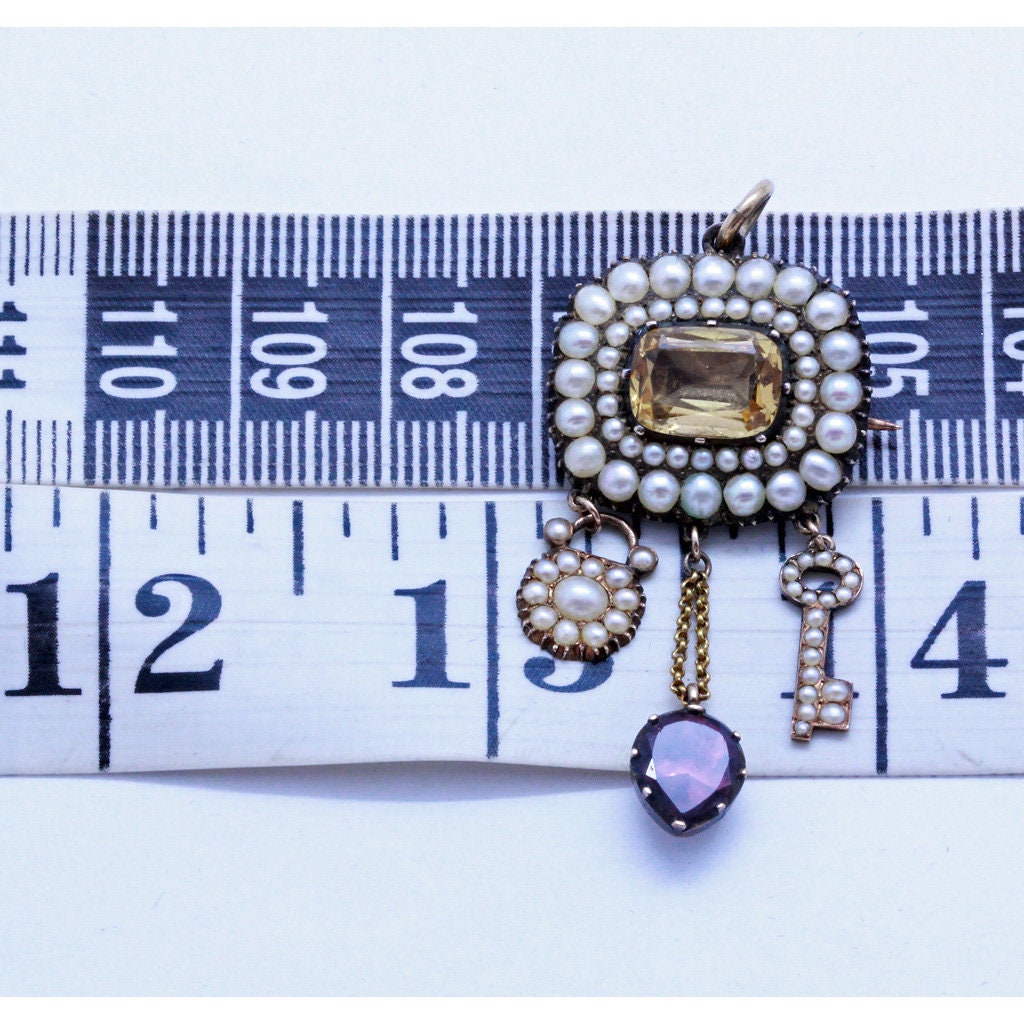 Antique Georgian Pendant Brooch Lock Key Heart Gold Topaz Pearls Garnet (7163)